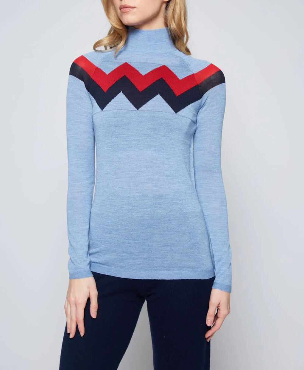 NWT L'ETOILE Sport Chevron Mock Neck Merino Wool Sweater Blue sz Small Mountain